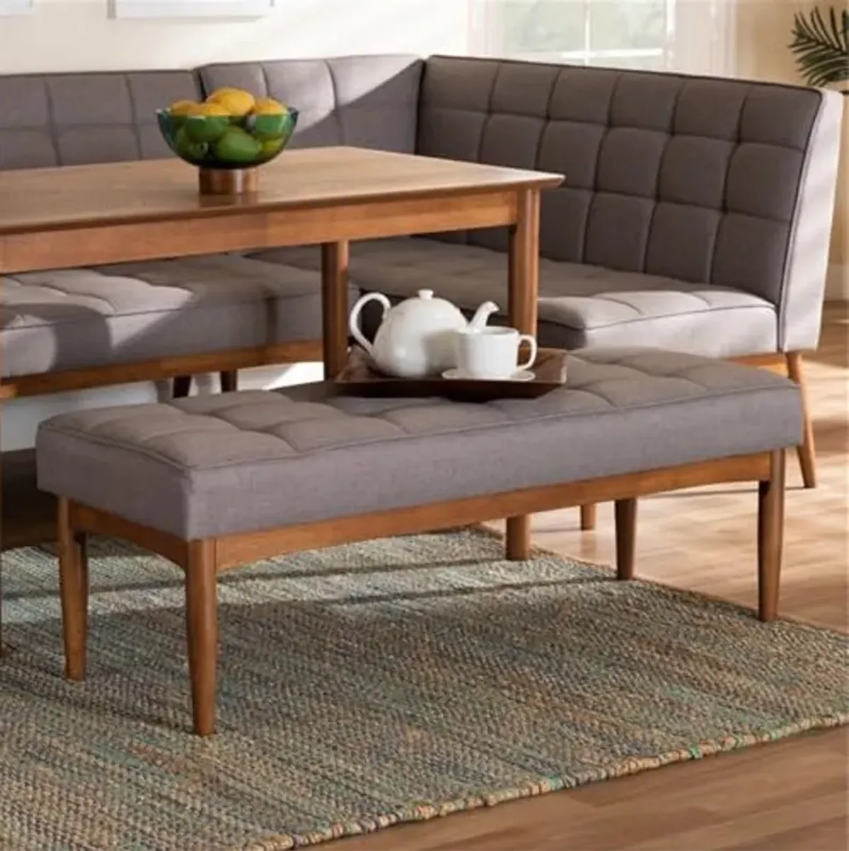 Baxton Studio Sanford Mid-Century Modern Grey Fabric Upholstered and Walnut Brown Finished Wood Dining Bench