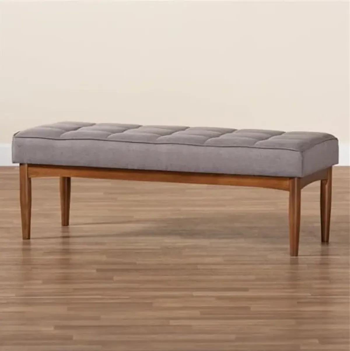 Baxton Studio Sanford Mid-Century Modern Grey Fabric Upholstered and Walnut Brown Finished Wood Dining Bench