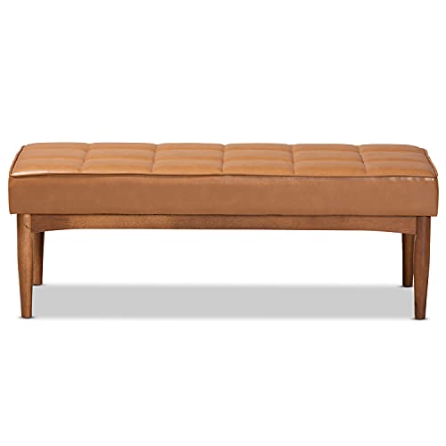 Baxton Studio Sanford Mid-Century Modern Tan Faux Leather Upholstered and Walnut Brown Finished Wood Dining Bench