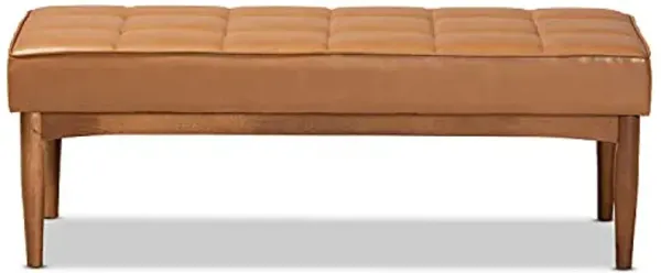 Baxton Studio Sanford Mid-Century Modern Tan Faux Leather Upholstered and Walnut Brown Finished Wood Dining Bench