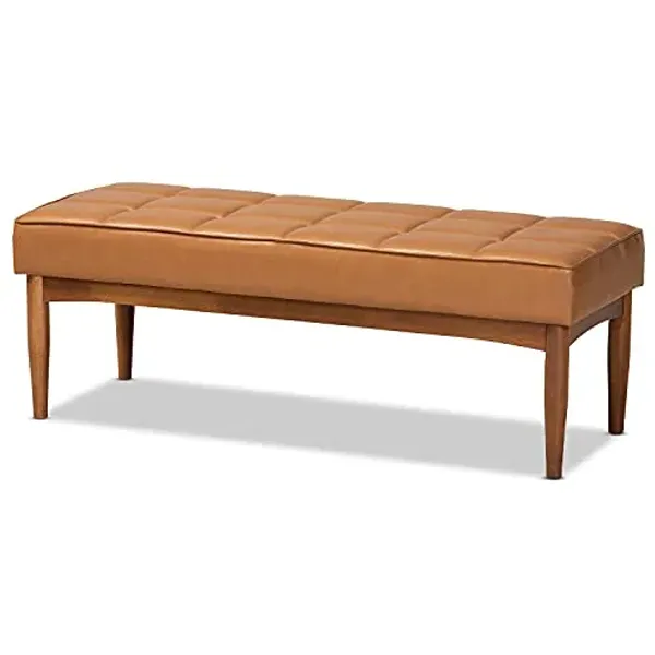 Baxton Studio Sanford Mid-Century Modern Tan Faux Leather Upholstered and Walnut Brown Finished Wood Dining Bench