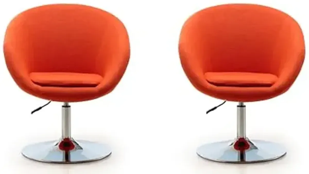 Manhattan Comfort Hopper Adjustable Swivel Accent Chair Set of 2 with 360° Turn, Upholstered Seat, Polished Chrome Base, Modern Bowl Design for Home Office and Living Room, Orange