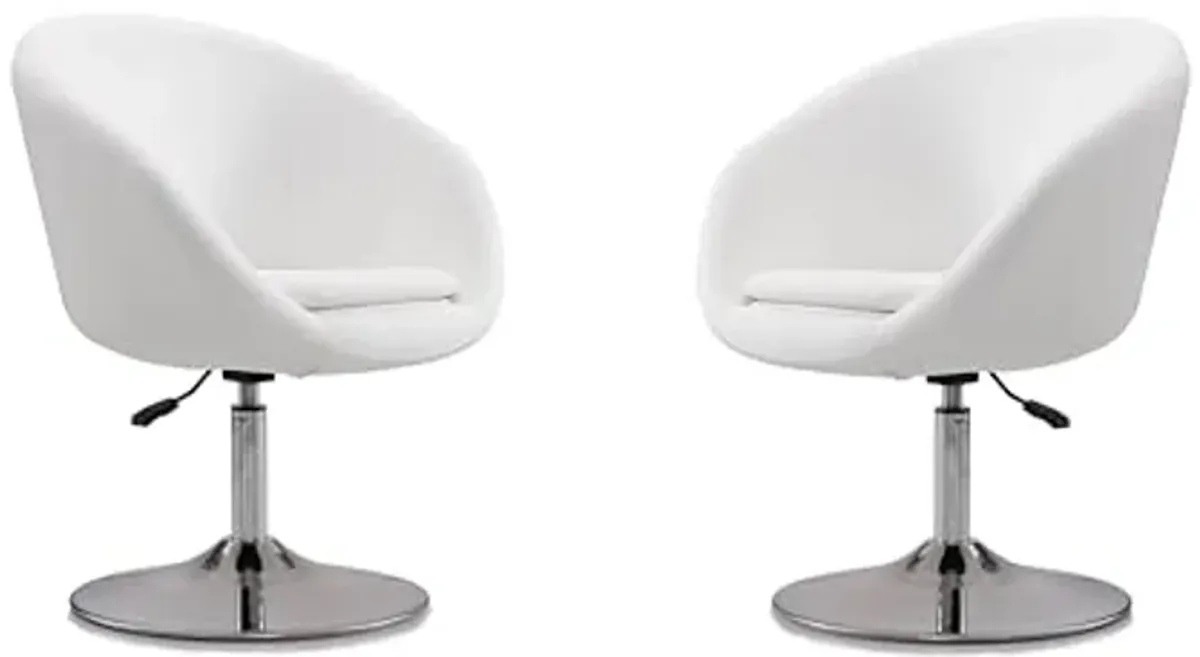 Manhattan Comfort Hopper Adjustable Swivel Accent Chair Set of 2 with 360° Turn, Upholstered Seat, Polished Chrome Base, Modern Bowl Design for Home Office and Living Room, White