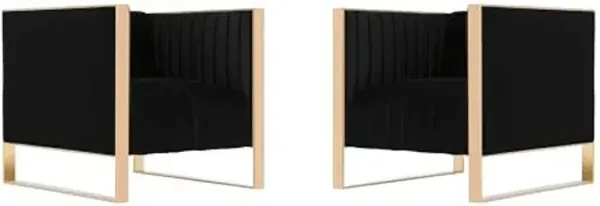 Manhattan Comfort Trillium Velvet Accent Chairs Set of 2, Luxury Mid-Century Modern Armchair with Gold Stainless Steel Frame, No Assembly Required, Ideal for Living Room, Black