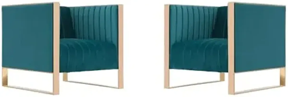 Manhattan Comfort Trillium Velvet Accent Chairs Set of 2 for Living Room, High-Density Foam, Vertical Channeling, Gold Stainless Steel Frame, No Assembly Required, Teal