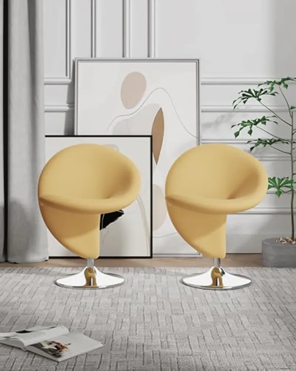 Manhattan Comfort Curl Swivel Accent Chair Set of 2 with 360° Turn, Fully Assembled, Upholstered in Wool Blend, Modern Ergonomic Design with Polished Chrome Base, Living Room & Office, Yellow