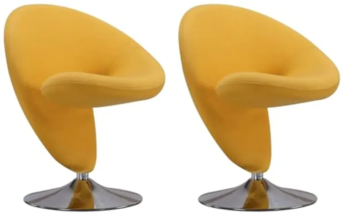 Manhattan Comfort Curl Swivel Accent Chair Set of 2 with 360° Turn, Fully Assembled, Upholstered in Wool Blend, Modern Ergonomic Design with Polished Chrome Base, Living Room & Office, Yellow