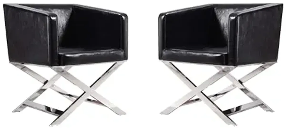 Manhattan Comfort Hollywood Lounge Accent Chair Set of 2, Faux Leather Upholstered Armchair with Polished Chrome Finish, Modern Design, Hand-Welded X-Shaped Legs, Fully Assembled, Black