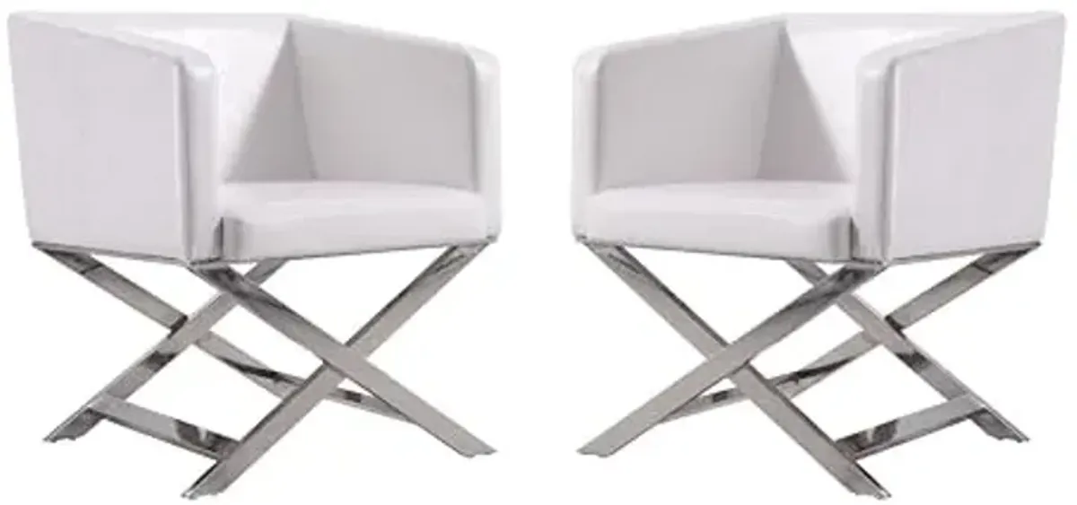 Manhattan Comfort Hollywood Lounge Accent Chair Set of 2, Faux Leather Upholstered Armchair with Polished Chrome Finish, Modern Design, Hand-Welded X-Shaped Legs, Fully Assembled, White