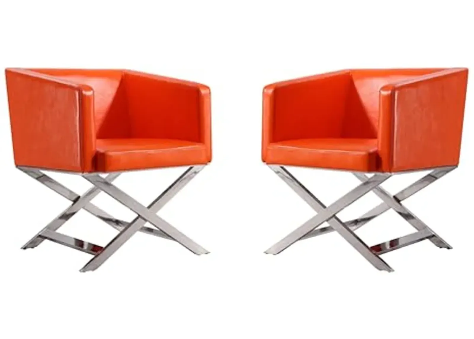 Manhattan Comfort Hollywood Lounge Accent Chair Set of 2, Faux Leather Upholstered Armchair with Polished Chrome Finish, Modern Design, Hand-Welded X-Shaped Legs, Fully Assembled, Orange