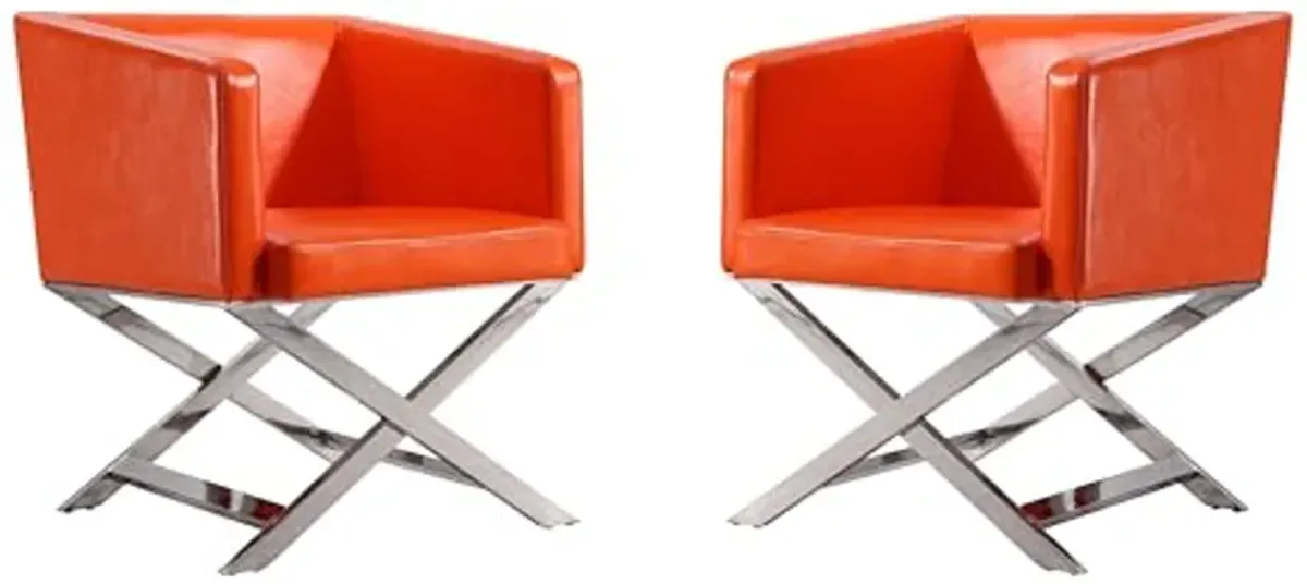 Manhattan Comfort Hollywood Lounge Accent Chair Set of 2, Faux Leather Upholstered Armchair with Polished Chrome Finish, Modern Design, Hand-Welded X-Shaped Legs, Fully Assembled, Orange