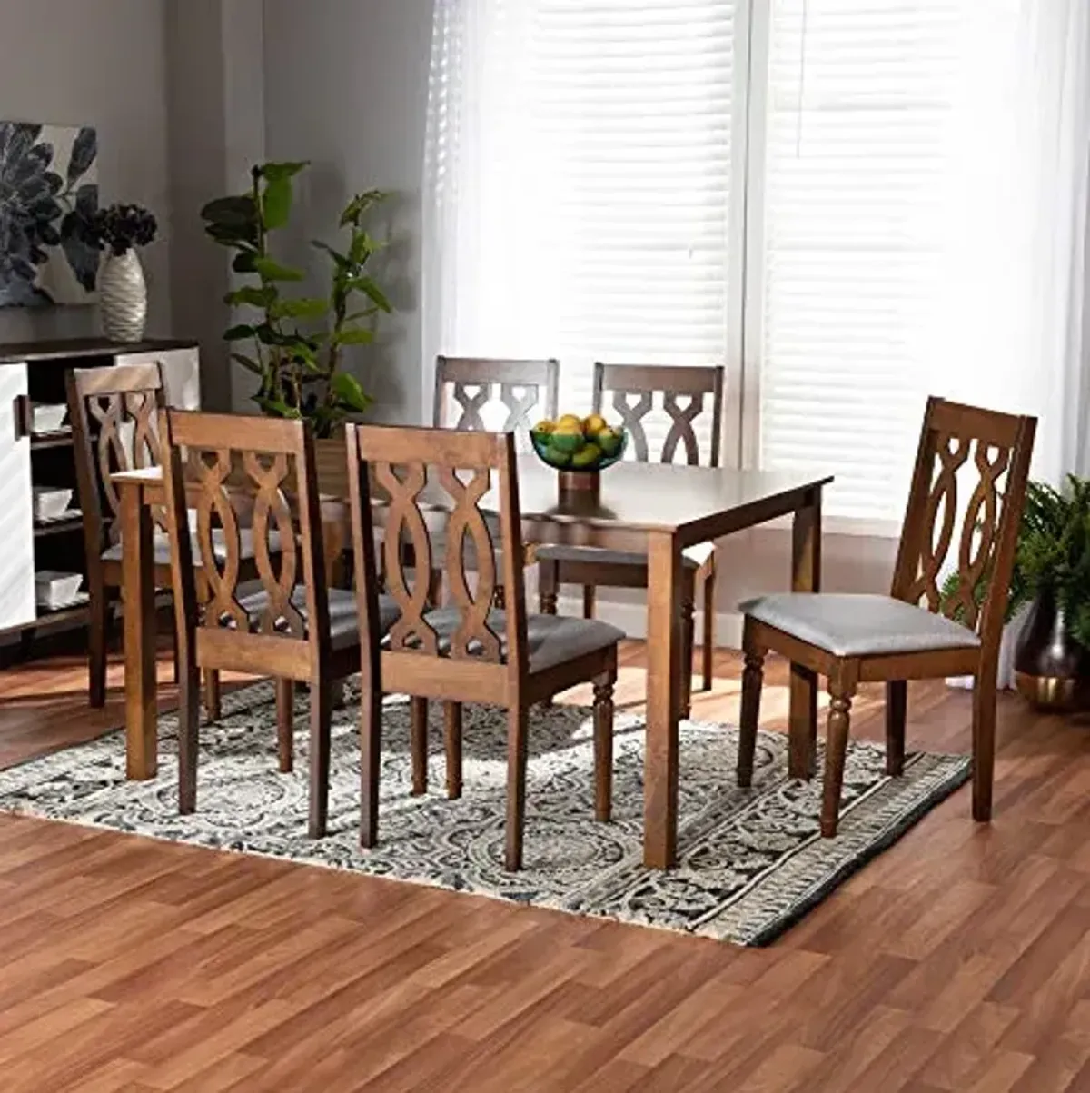 Baxton Studio Cherese Dining Set and Dining Set Grey Fabric Upholstered and Walnut Brown Finished Wood 7-Piece Dining Set