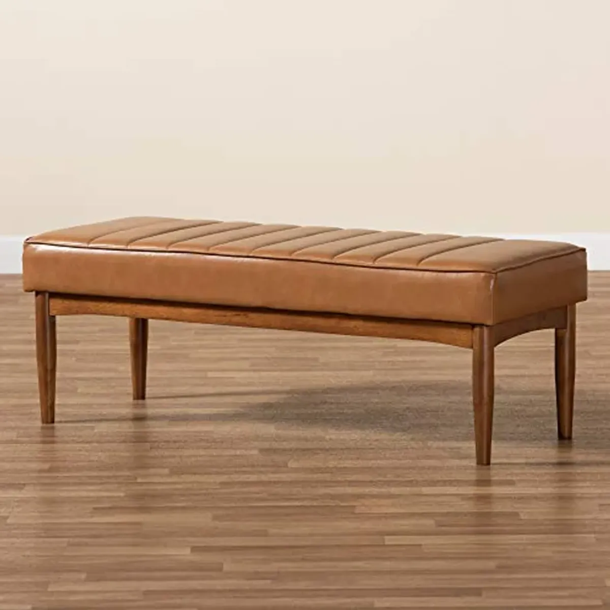 Baxton Studio Daymond Mid-Century Modern Tan Faux Leather Upholstered and Walnut Brown Finished Wood Dining Bench