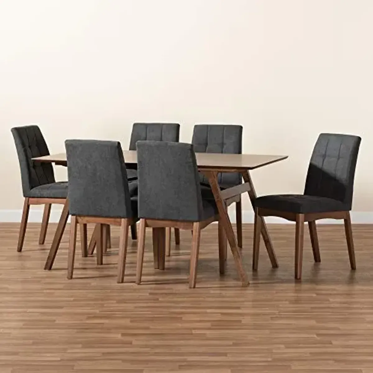 Baxton Studio Tara Dining Set Dining Set Dark Grey Fabric Upholstered and Walnut Brown Finished Wood 7-Piece Dining Set