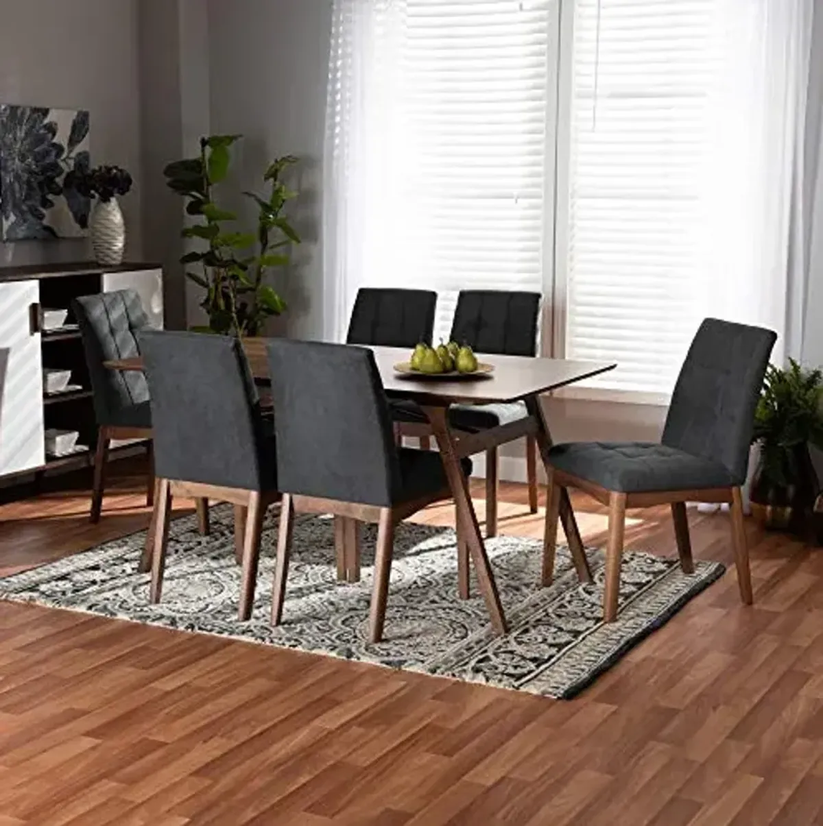 Baxton Studio Tara Dining Set Dining Set Dark Grey Fabric Upholstered and Walnut Brown Finished Wood 7-Piece Dining Set