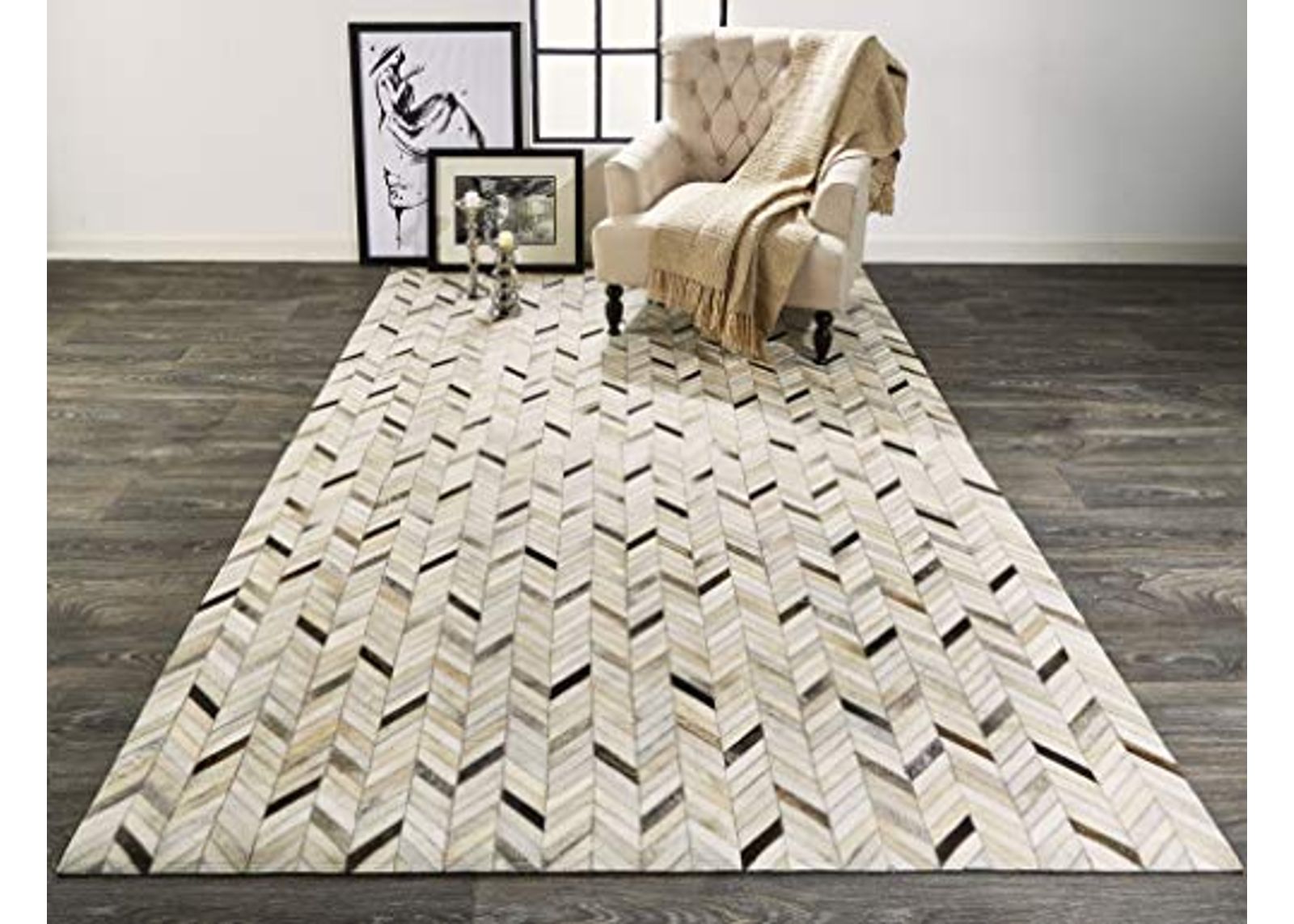 Feizy Rugs - Estelle Modern Leather Cowhide Rug, Chevron, Dark/Light Gray 2ft x 3ft Area Rug