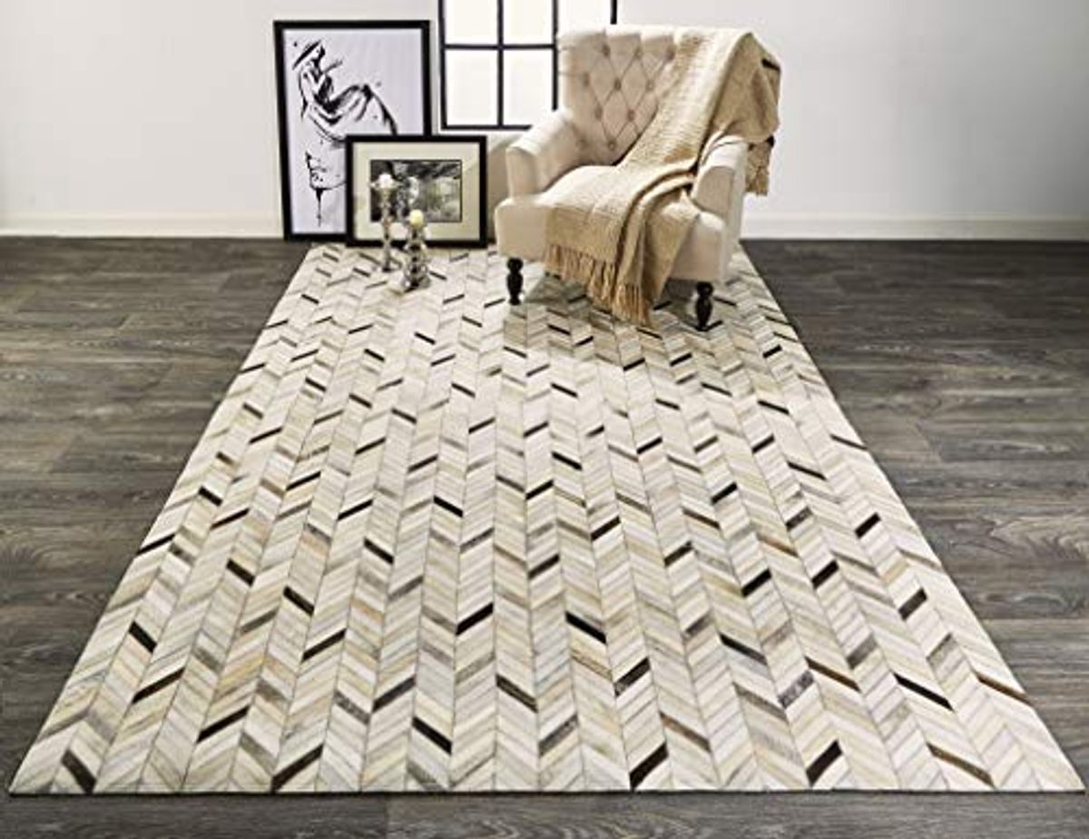 Feizy Rugs - Estelle Modern Leather Cowhide Rug, Chevron, Dark/Light Gray 2ft x 3ft Area Rug