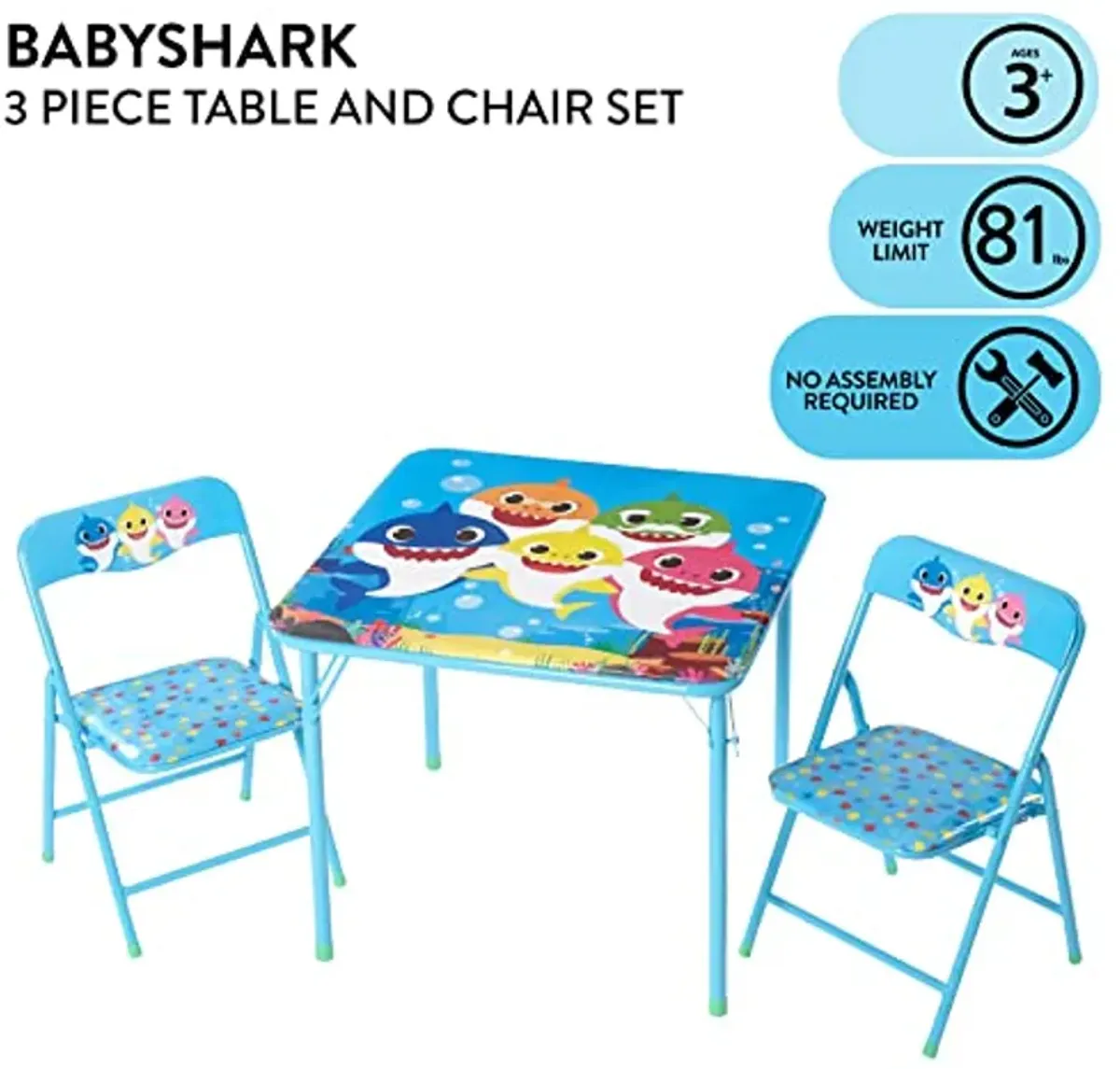 Baby Shark 3 Piece Children's Activity Square Table and Chair Set, Ages 3+