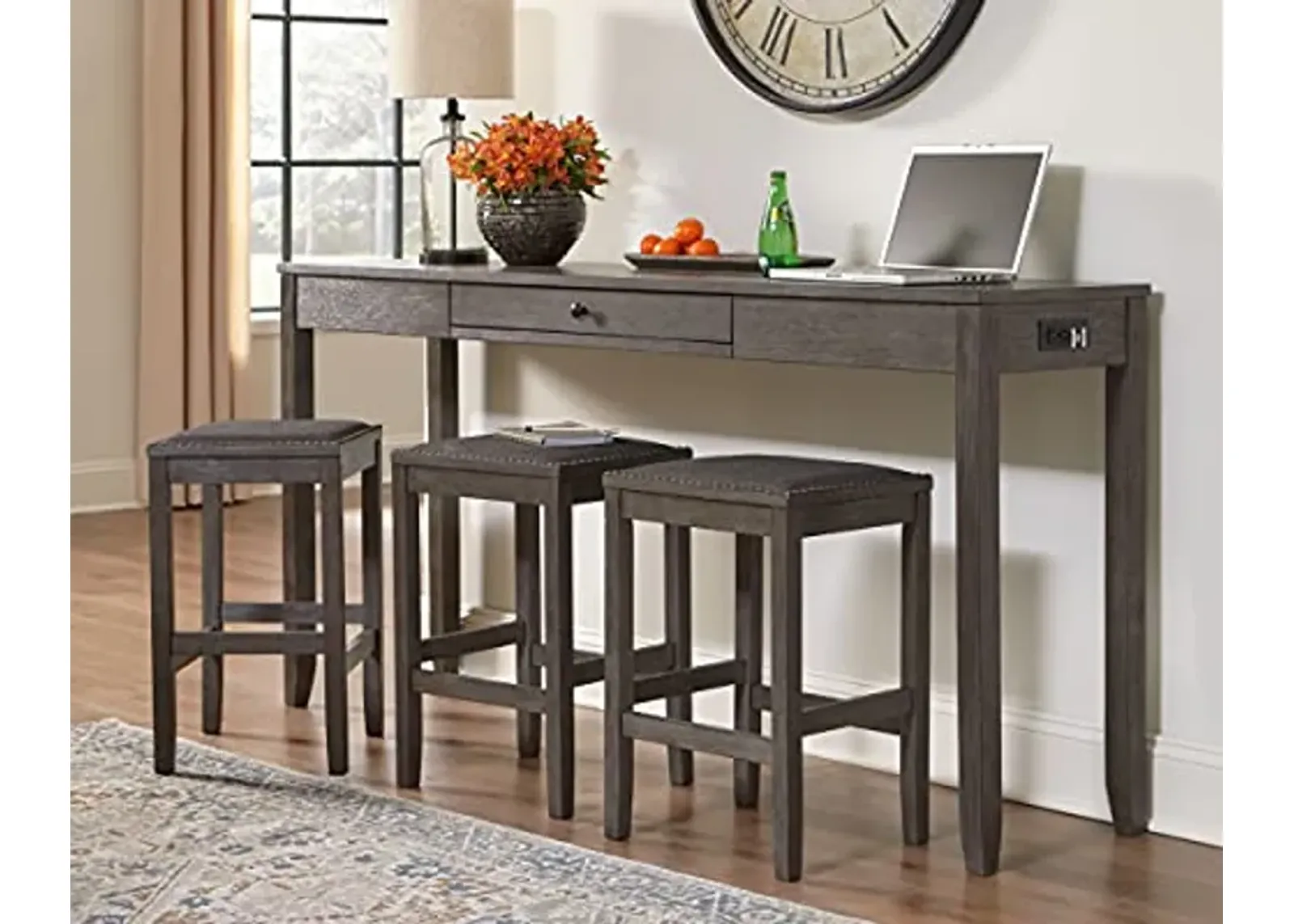 Signature Design by Ashley Rokane Urban Farmhouse Counter Height Dining Room Table Set with 3 Bar Stools, Brown