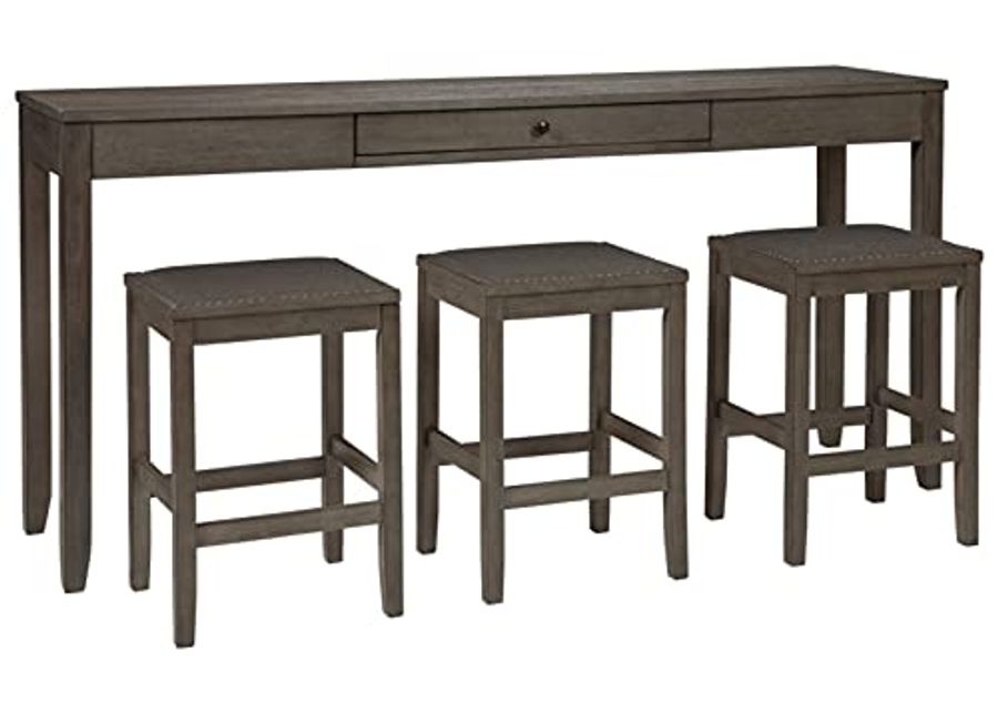 Signature Design by Ashley Rokane Urban Farmhouse Counter Height Dining Room Table Set with 3 Bar Stools, Brown