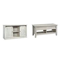 Sauder Barrister Lane Credenza, for TVs up to 60", White Plank & Dakota Pass Lift-top Coffee Table, White Plank Finish