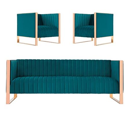 Manhattan Comfort Trillium 3 Piece-Sofa, Loveseat and Armchair Set in Teal and Rose Gold