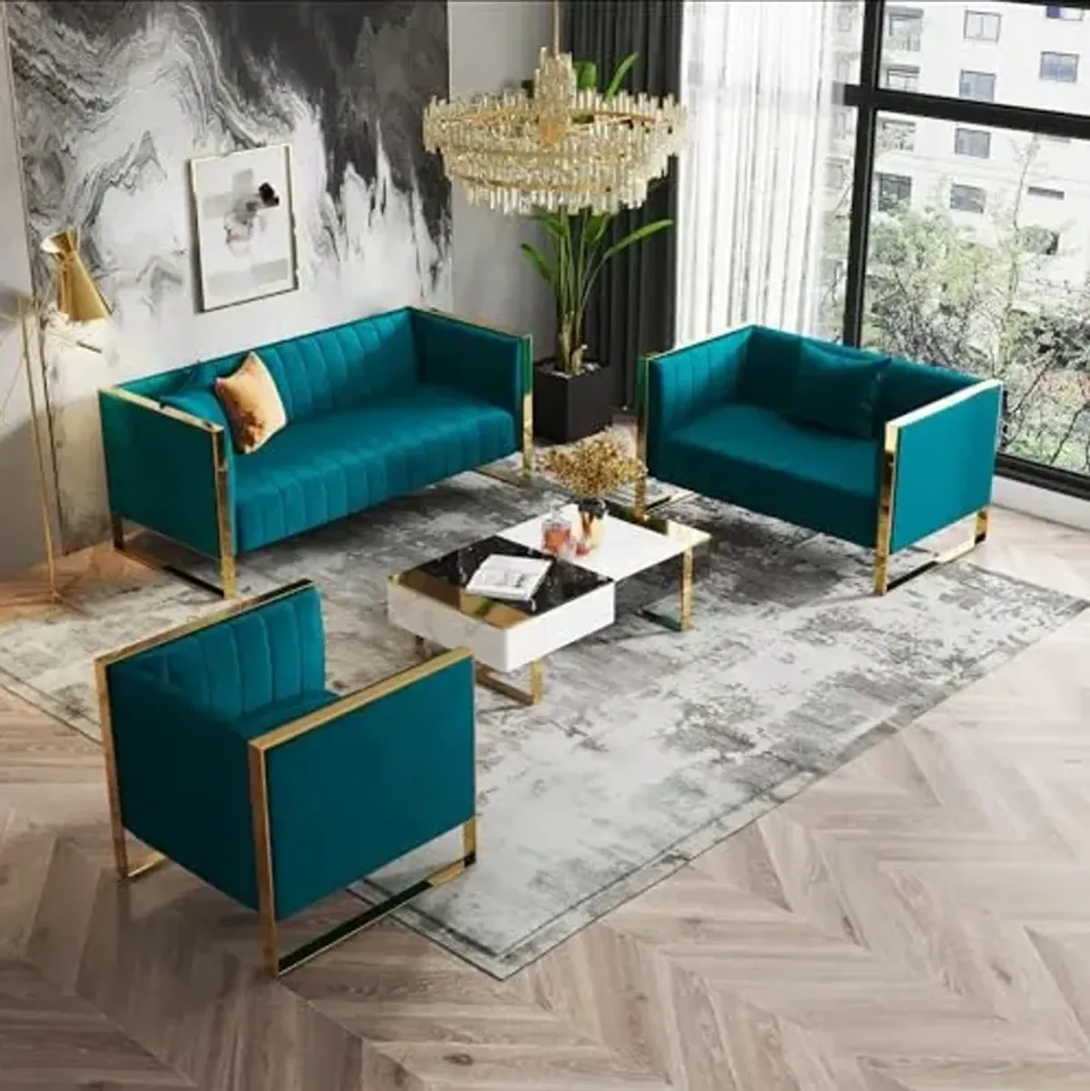 Manhattan Comfort Trillium Velvet Living Room Furniture Set Sofa and Chairs, High-Density Foam, Vertical Channeling, Gold Stainless Steel Frame, No Assembly Required, 3 Piece, Teal