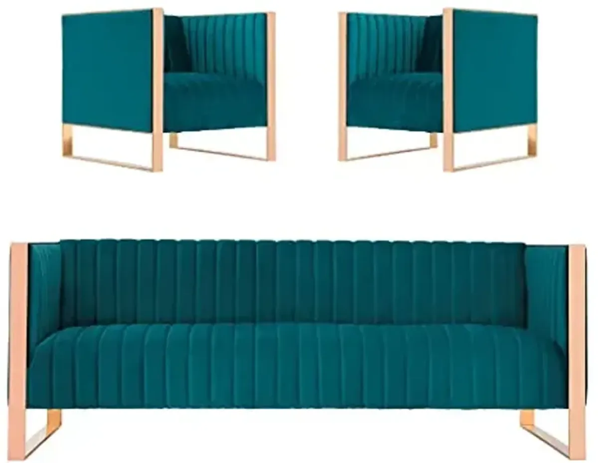 Manhattan Comfort Trillium Velvet Living Room Furniture Set Sofa and Chairs, High-Density Foam, Vertical Channeling, Gold Stainless Steel Frame, No Assembly Required, 3 Piece, Teal
