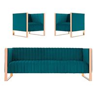 Manhattan Comfort Trillium Mid Century Modern Living Room Velvet Sofa and Armchair Set, 3 Piece, Teal