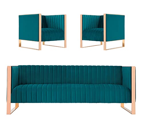 Manhattan Comfort Trillium Mid Century Modern Living Room Velvet Sofa and Armchair Set, 3 Piece, Teal