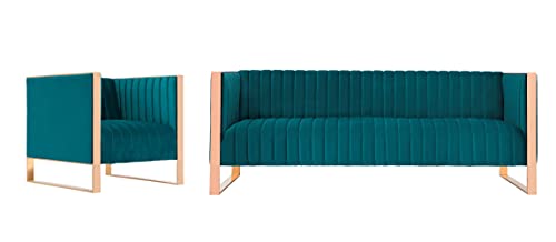 Manhattan Comfort Trillium Mid Century Modern Living Room Velvet Sofa and Armchair Set, 2 Piece, Teal