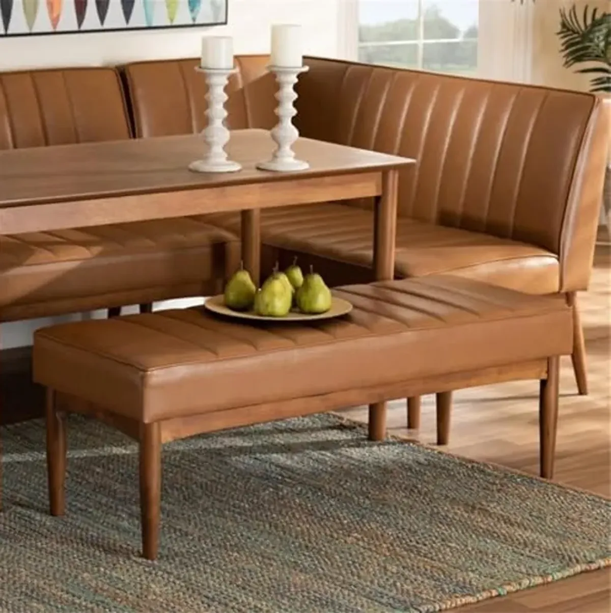 Baxton Studio Daymond Mid-Century Modern Tan Faux Leather Upholstered and Walnut Brown Finished Wood Dining Bench