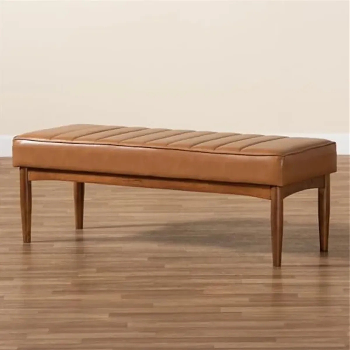 Baxton Studio Daymond Mid-Century Modern Tan Faux Leather Upholstered and Walnut Brown Finished Wood Dining Bench