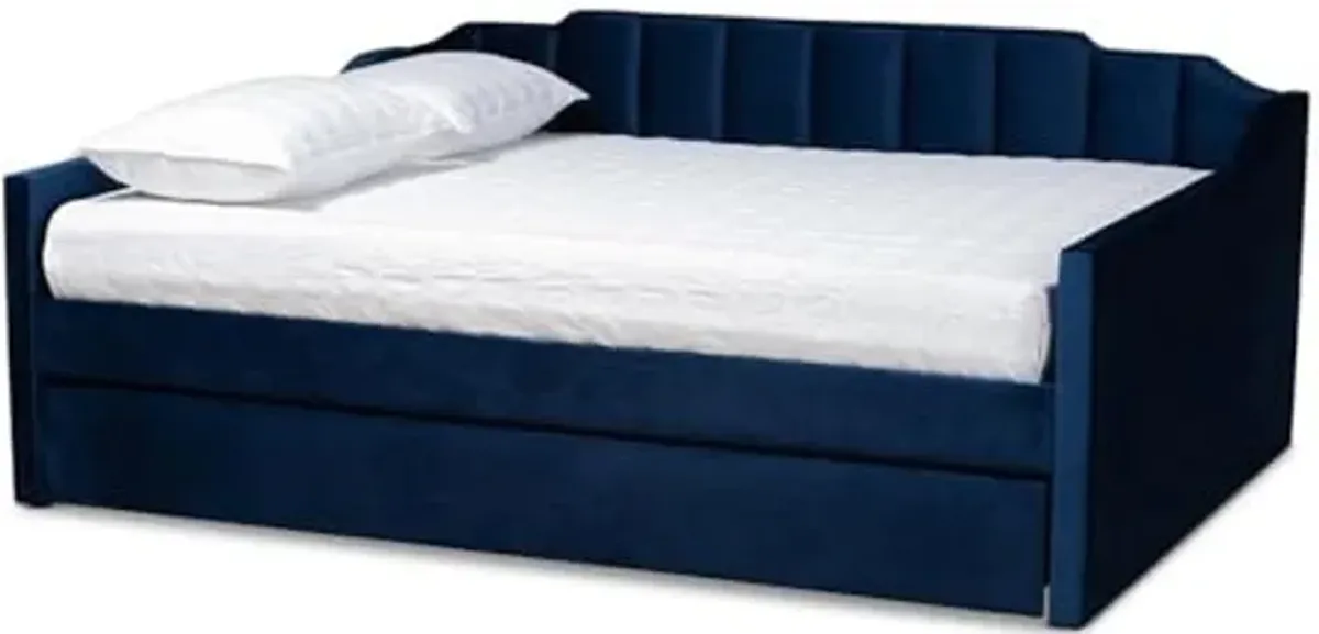 Baxton Studio Lennon Modern and Contemporary Navy Blue Velvet Fabric Upholstered Queen Size Daybed with Trundle