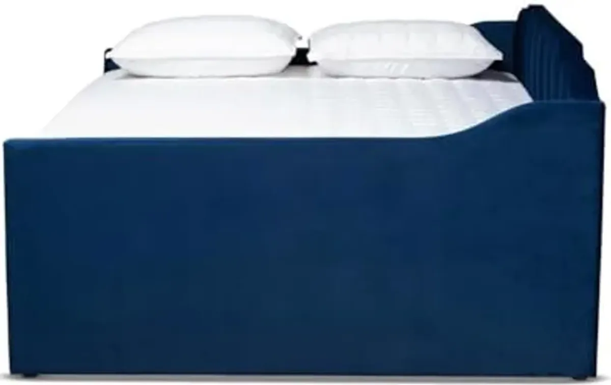 Baxton Studio Lennon Modern and Contemporary Navy Blue Velvet Fabric Upholstered Queen Size Daybed with Trundle