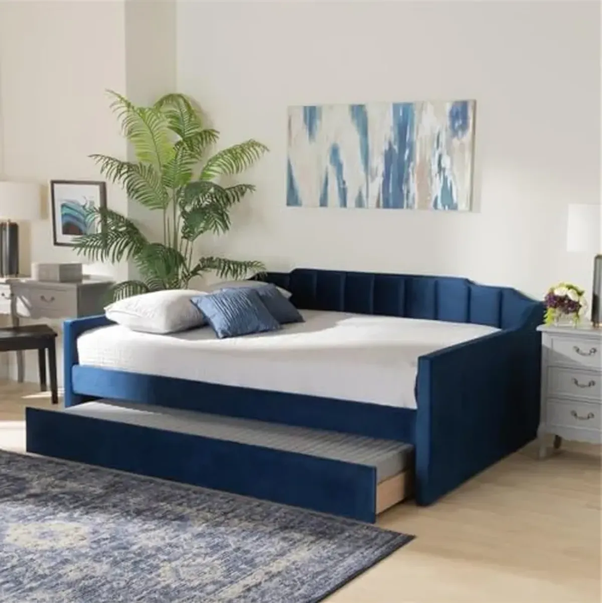 Baxton Studio Lennon Modern and Contemporary Navy Blue Velvet Fabric Upholstered Queen Size Daybed with Trundle