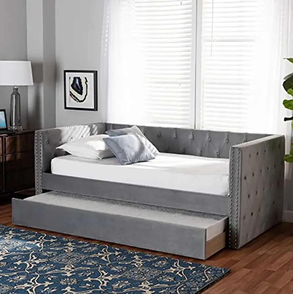 Baxton Studio Larkin Daybeds, Twin, Twin, Silver Grey Velvet