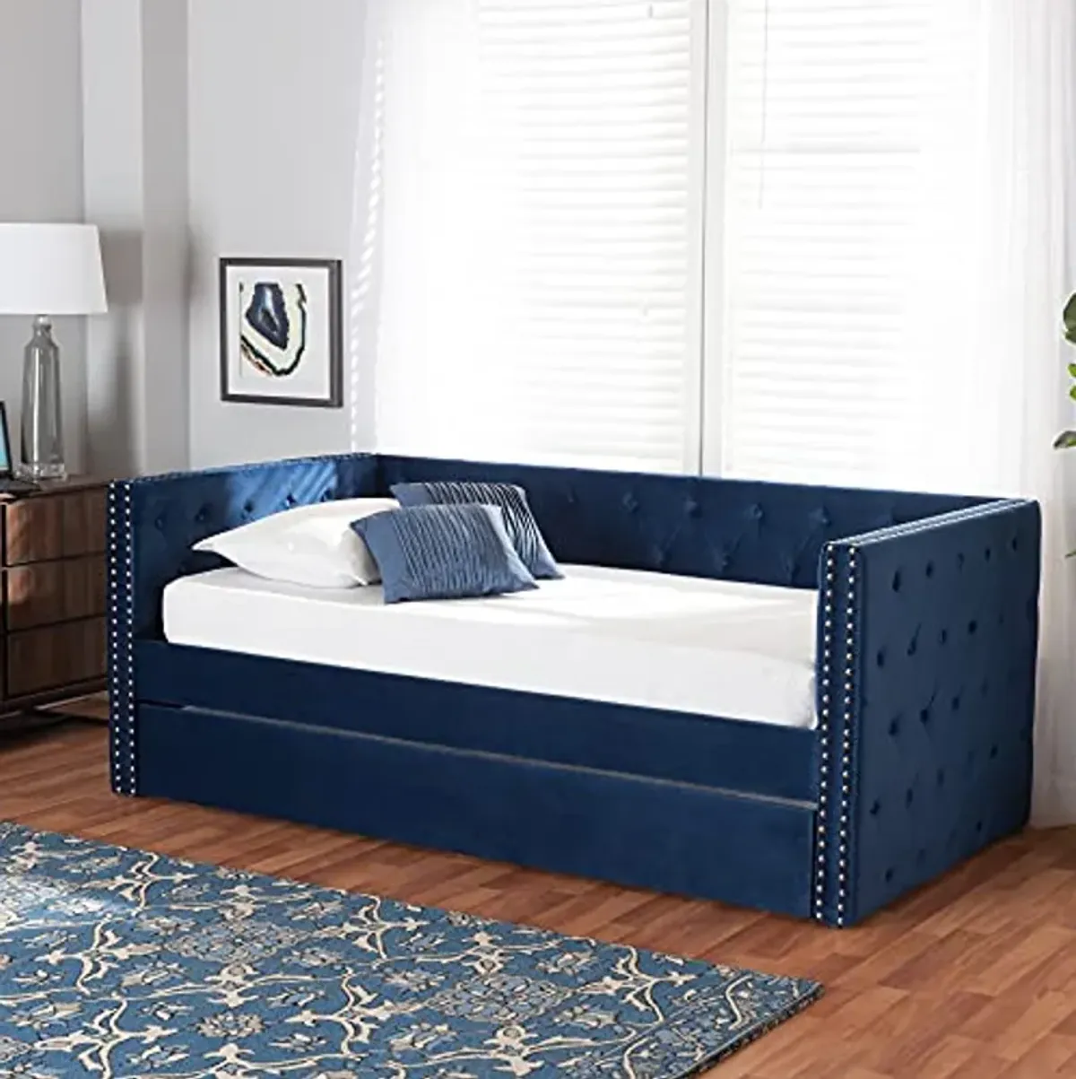 Baxton Studio Larkin Daybeds, Twin, Twin, Navy Blue Velvet