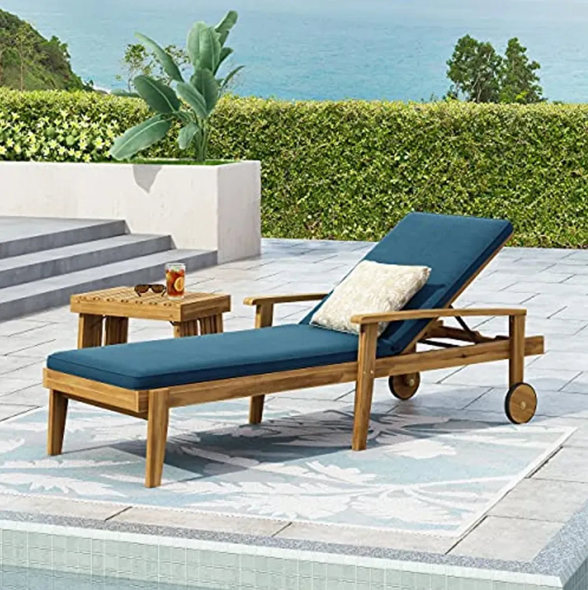 Christopher Knight Home 315260 Jason Outdoor Chaise Lounge, Teak Finish + Yellow + Blue