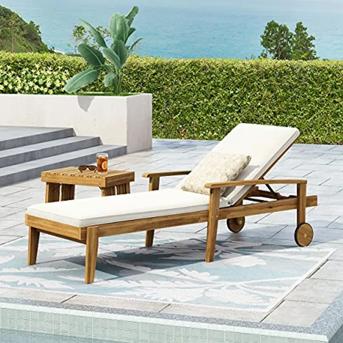 Christopher Knight Home 315261 Jason Outdoor Chaise Lounge, Teak Finish + Yellow + Cream