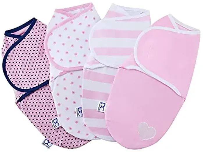 Delta Children Little Lambs Adjustable Swaddle Wrap - Premium Cotton - Size Extra Small, Fits Babies 0-3 Months/4-7 lbs., 4-Pack, Pink