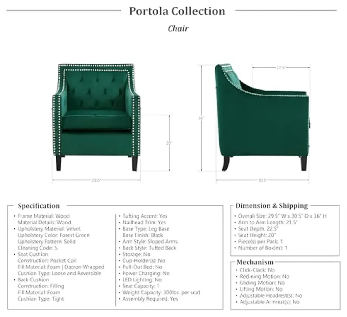 Lexicon Portola Velvet Accent Chair, Green