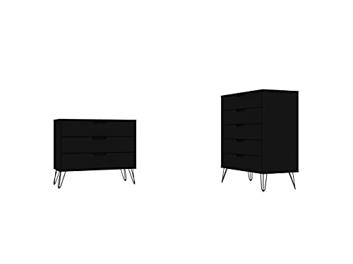 Manhattan Comfort Rockefeller Mid Century Modern 5 3-Drawer Bedroom Dresser Set, Black