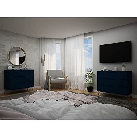 Manhattan Comfort Rockefeller Mid Century Modern 3-Drawer Bedroom Dresser, Set of 2, Blue