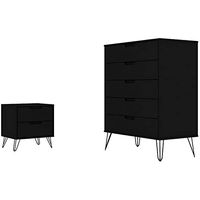 Manhattan Comfort Rockefeller Mid Century Modern 5-Drawer Tall Bedroom Dresser and Nightstand Set, 2 Piece, Black