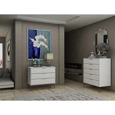 Manhattan Comfort Rockefeller Mid Century Modern 5 3-Drawer Bedroom Dresser Set, White