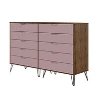 Manhattan Comfort Rockefeller Mid Century Modern 10-Drawer Double Tall Dresser with Metal Legs, Nature and Rose Pink