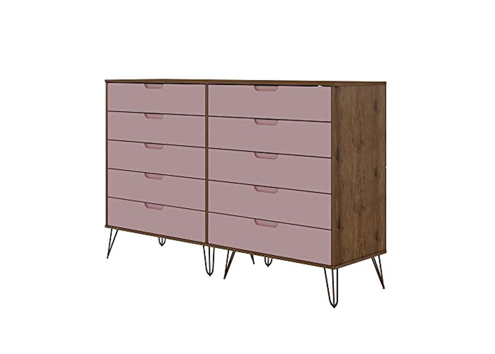 Manhattan Comfort Rockefeller Mid Century Modern 10-Drawer Double Tall Dresser with Metal Legs, Nature and Rose Pink