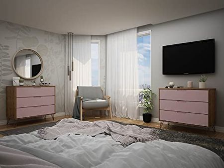 Manhattan Comfort Rockefeller Mid Century Modern 3-Drawer Bedroom Dresser, Set of 2, Pink