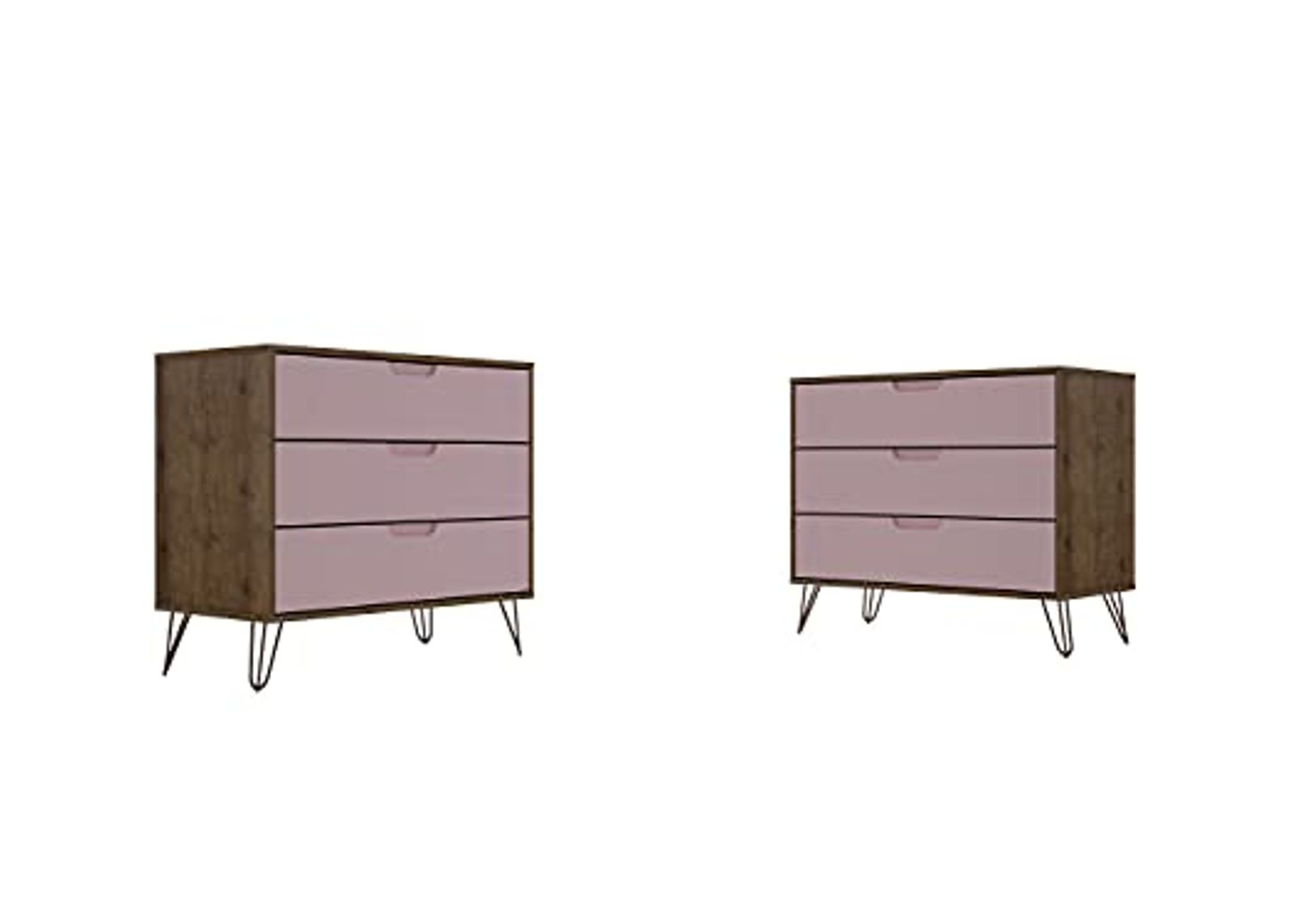 Manhattan Comfort Rockefeller Mid Century Modern 3-Drawer Bedroom Dresser, Set of 2, Pink